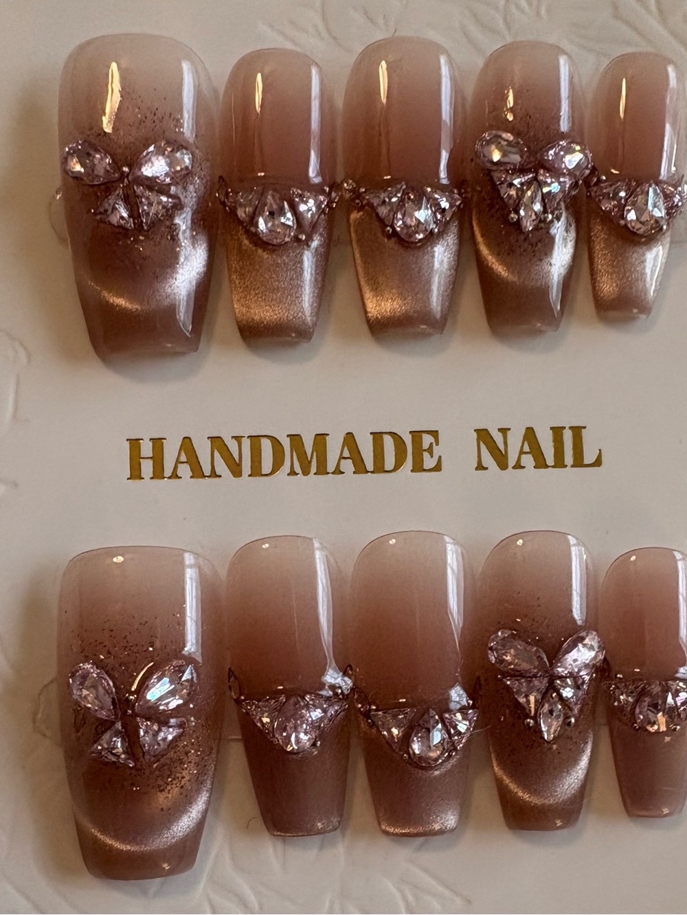 Handmade Rose Gold Chrome Press On Nails Pink Crystal Bow Medium